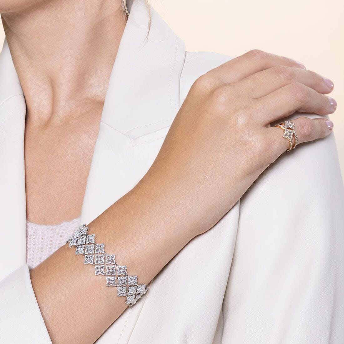 Image of 64facets Diamond Blossom Tennis Bracelet made with rose-cut diamonds and set in 18k gold