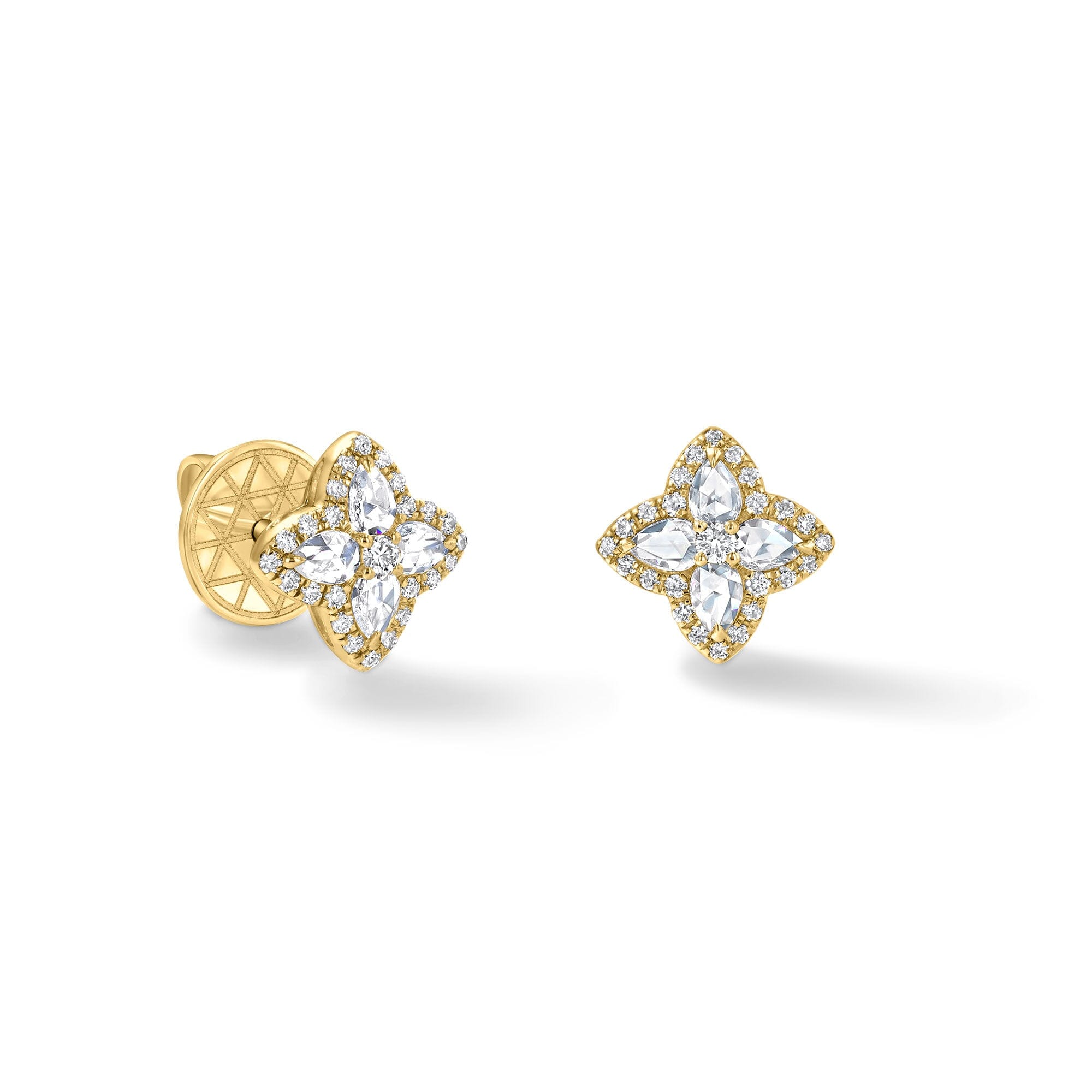 Image of 64facets diamond stud earrings in the shape of blossoms set in 18k gold