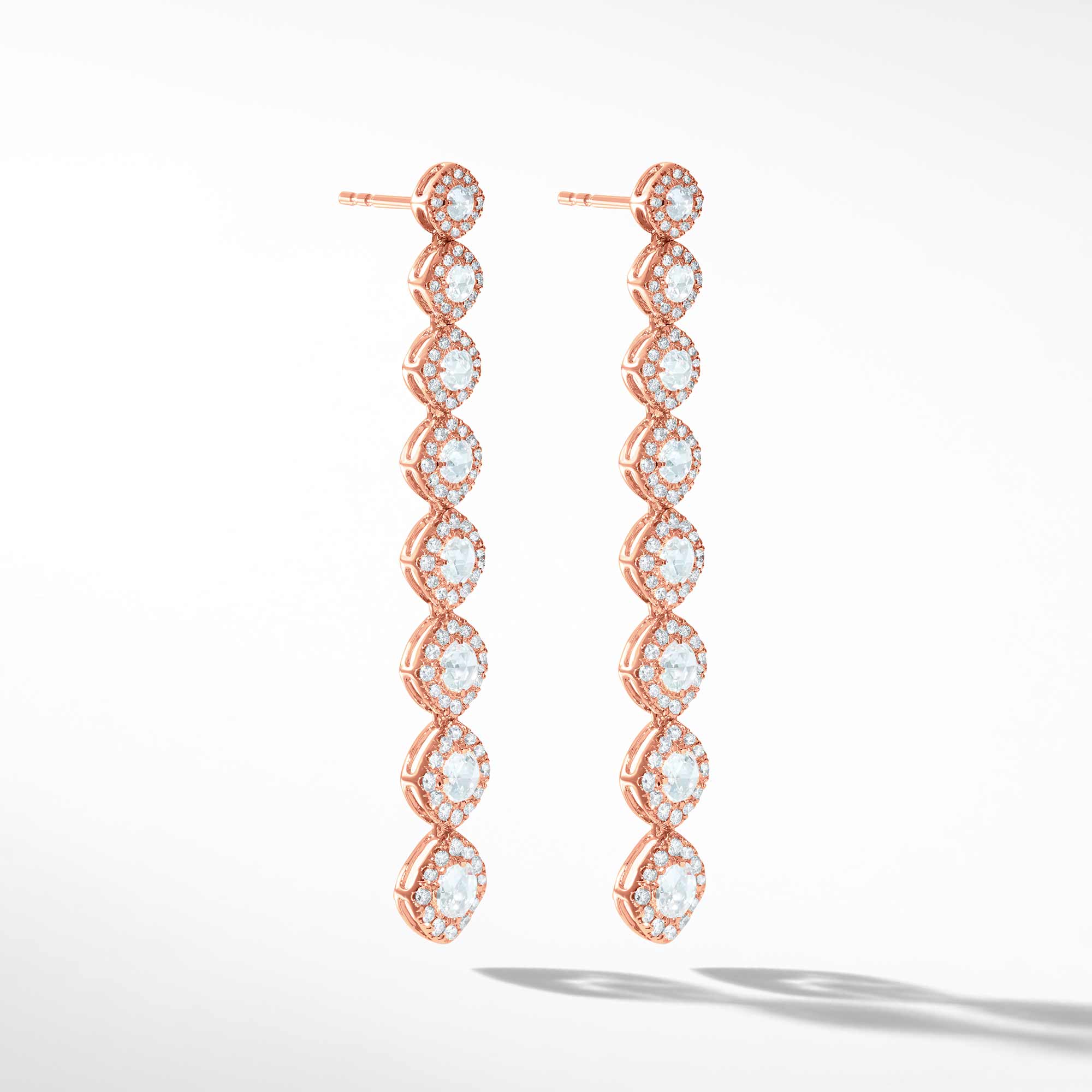 Image of 64Facets Diamond Drop Dangle Earrings in 18k rose gold. Rose Cut diamond earrings with pave diamond accents. 