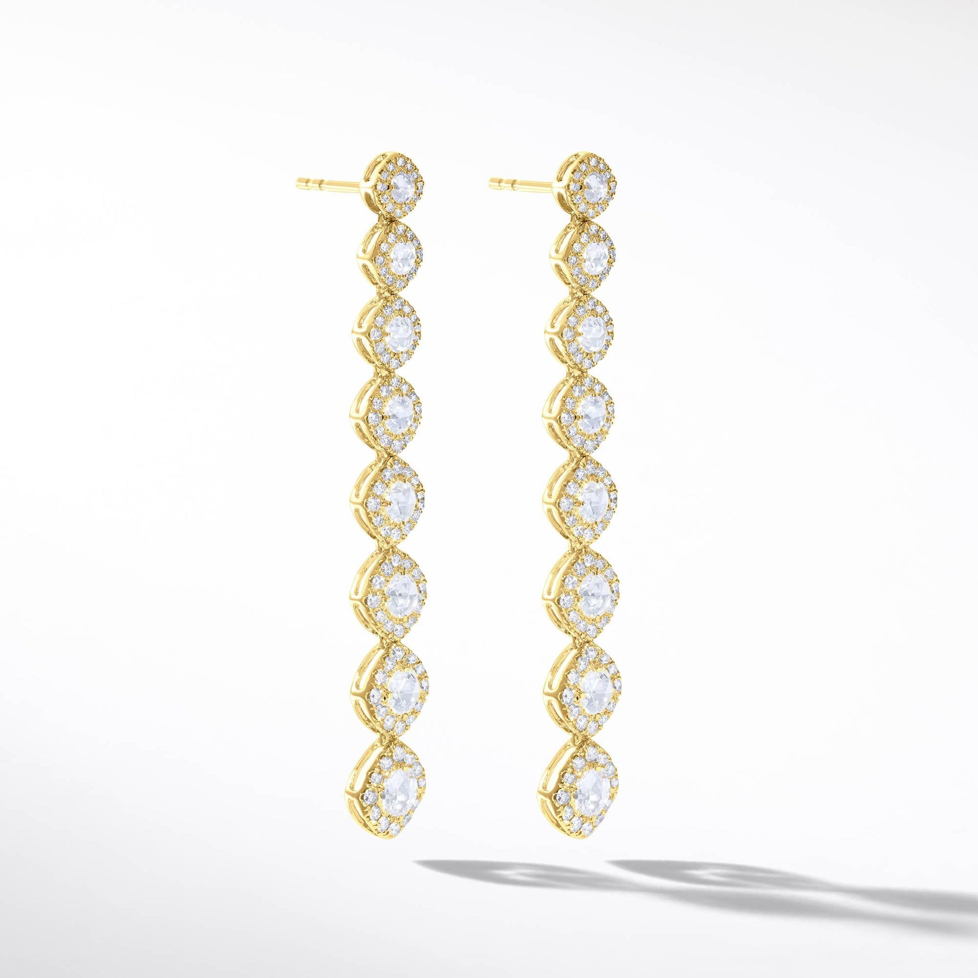 64Facets Diamond Drop Dangle Earrings in 18k Yellow gold. Rose Cut diamond earrings with pave diamond accents. 