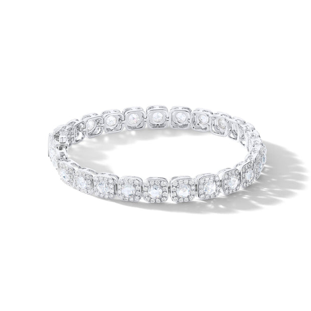Diamond Tennis Bracelet. Rose cut diamonds accented by micro pave accents in a cushion shape. 