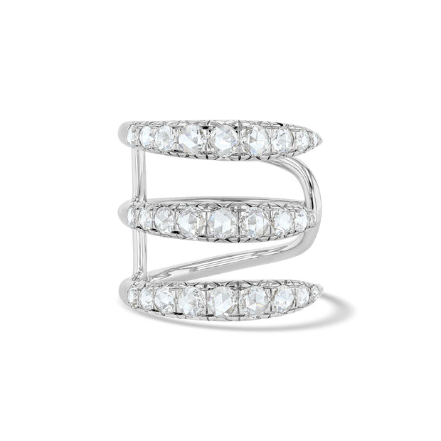 64Facets Diamond Claw Ring with three rows of diamond encrusted bands that look like 3 stacked diamonds rings 