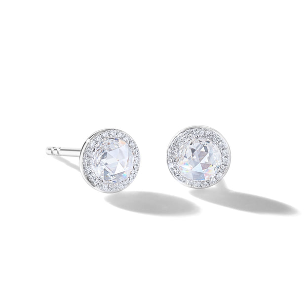64Facets Rose Cut Dimaond Stud Earrings in 18K White Gold with Pave Accents