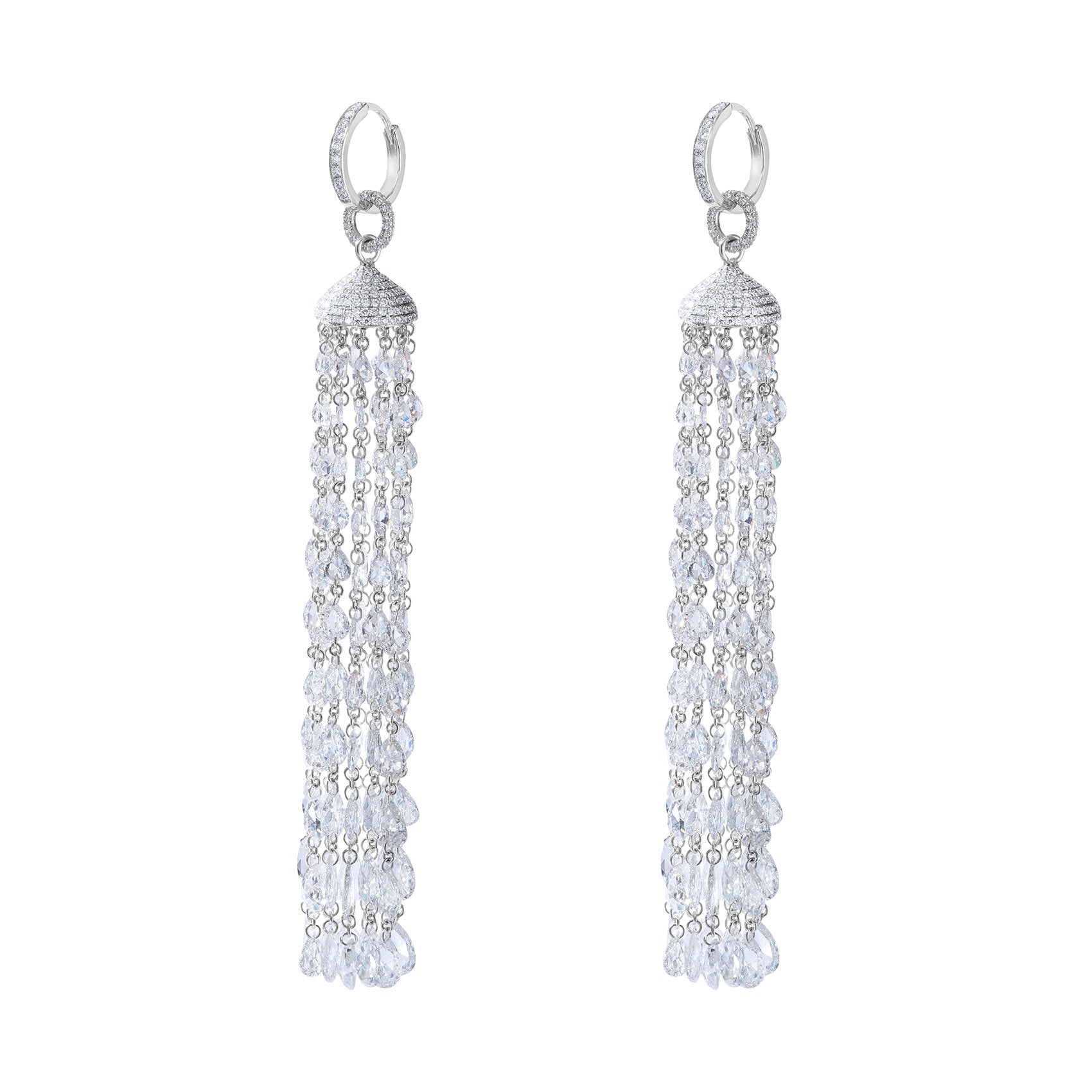 64Facets rose cut diamond tassel earrings set in platinum and 18k white gold