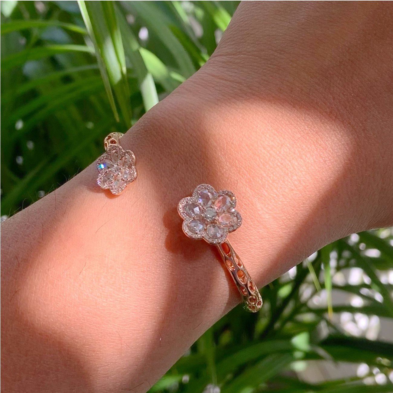 Image of 64Facets Rose Cut Diamond Floral Cuff Bracelet with Flower shaped diamond ends and 18k Gold