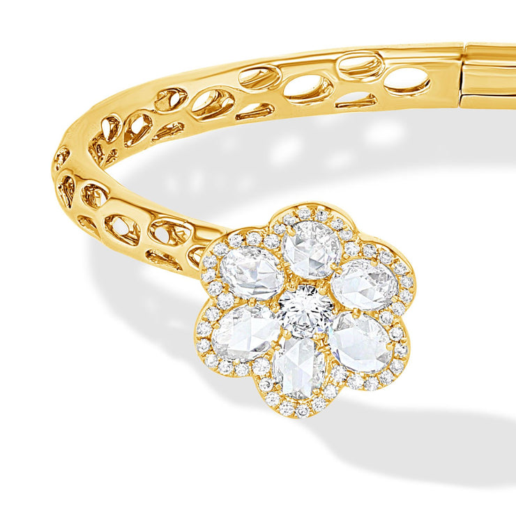 64Facets Rose Cut Diamond Floral Cuff Bracelet with Flower shaped diamond ends and 18k Gold