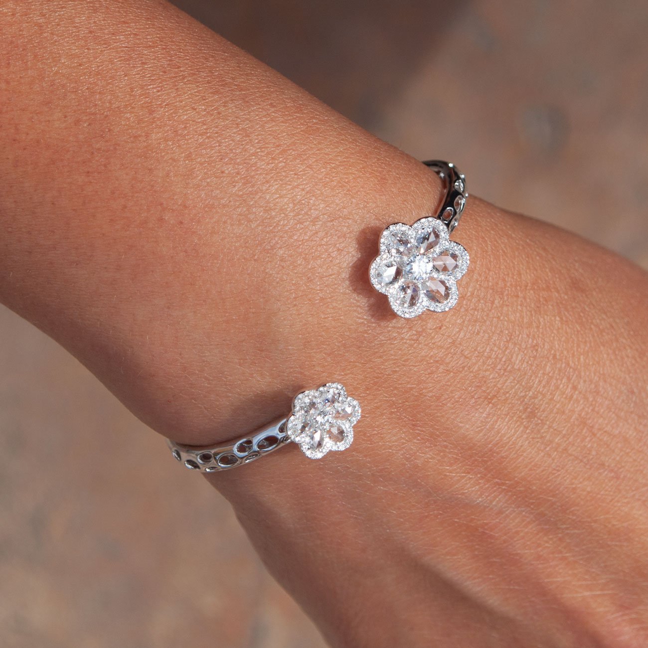 Image of 64Facets Rose Cut Diamond Floral Cuff Bracelet with Flower shaped diamond ends and 18k Gold