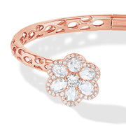 64Facets Rose Cut Diamond Floral Cuff Bracelet with Flower shaped diamond ends and 18k Gold