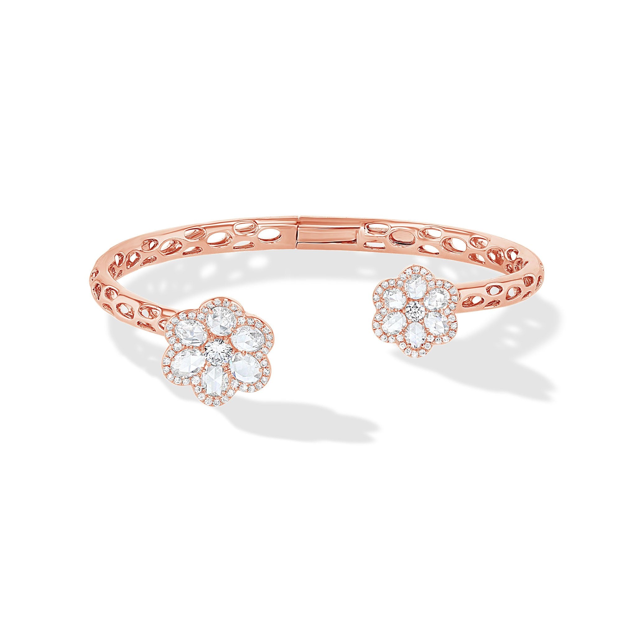 Image of 64Facets Rose Cut Diamond Floral Cuff Bracelet with Flower shaped diamond ends and 18k Gold