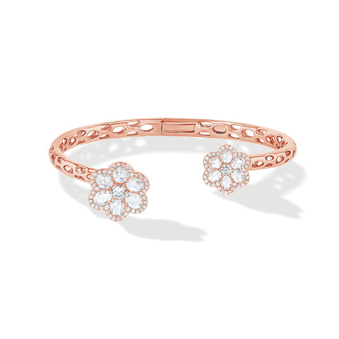 64Facets Rose Cut Diamond Floral Cuff Bracelet with Flower shaped diamond ends and 18k Gold