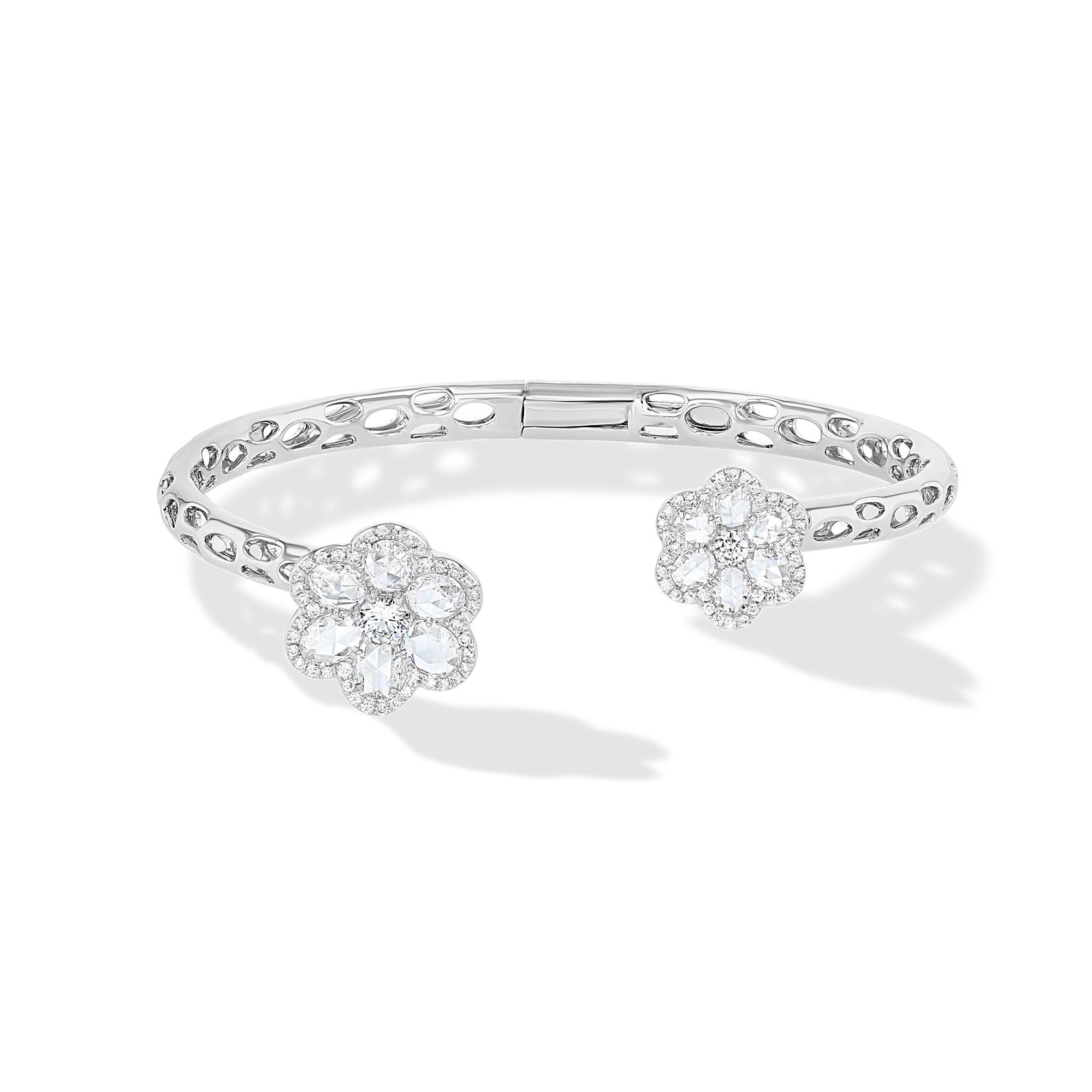 Image of 64Facets Rose Cut Diamond Floral Cuff Bracelet with Flower shaped diamond ends and 18k Gold