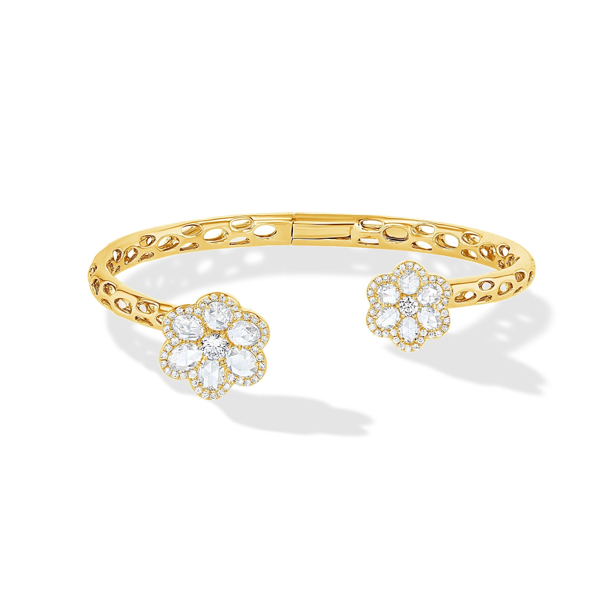 Image of 64Facets Rose Cut Diamond Floral Cuff Bracelet with Flower shaped diamond ends and 18k Gold