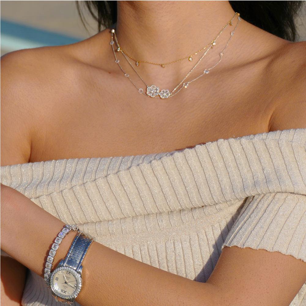 Image of 64Facets Double Flower Floral Diamond Pendant Necklace with 18K gold and rose cut diamonds, layered with a rose cut diamond chain necklace