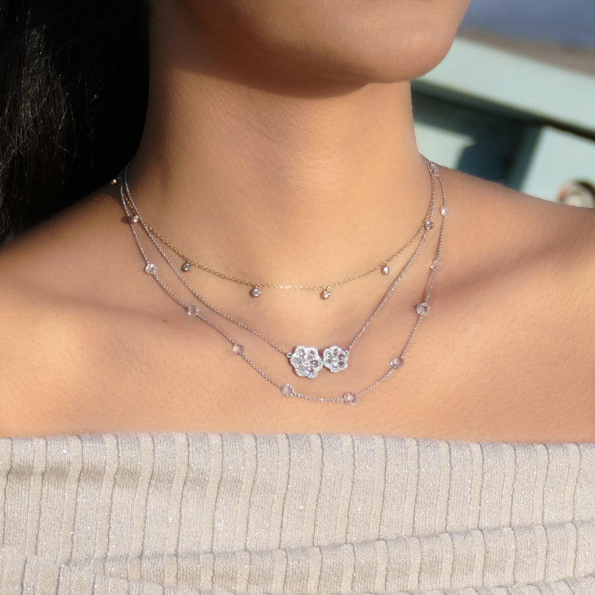 Image of 64Facets Double Flower Floral Diamond Pendant Necklace with 18K gold and rose cut diamonds, layered with a rose cut diamond chain necklace