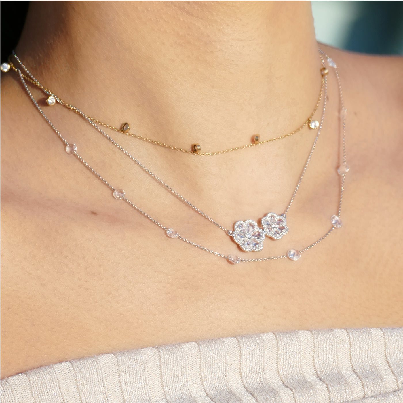 Image of 64Facets Double Flower Floral Diamond Pendant Necklace with 18K gold and rose cut diamonds, layered with a rose cut diamond chain necklace