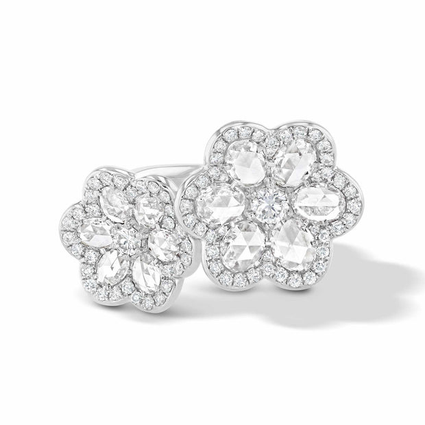 64Facets Double Flower Diamond Ring in 18K White Gold