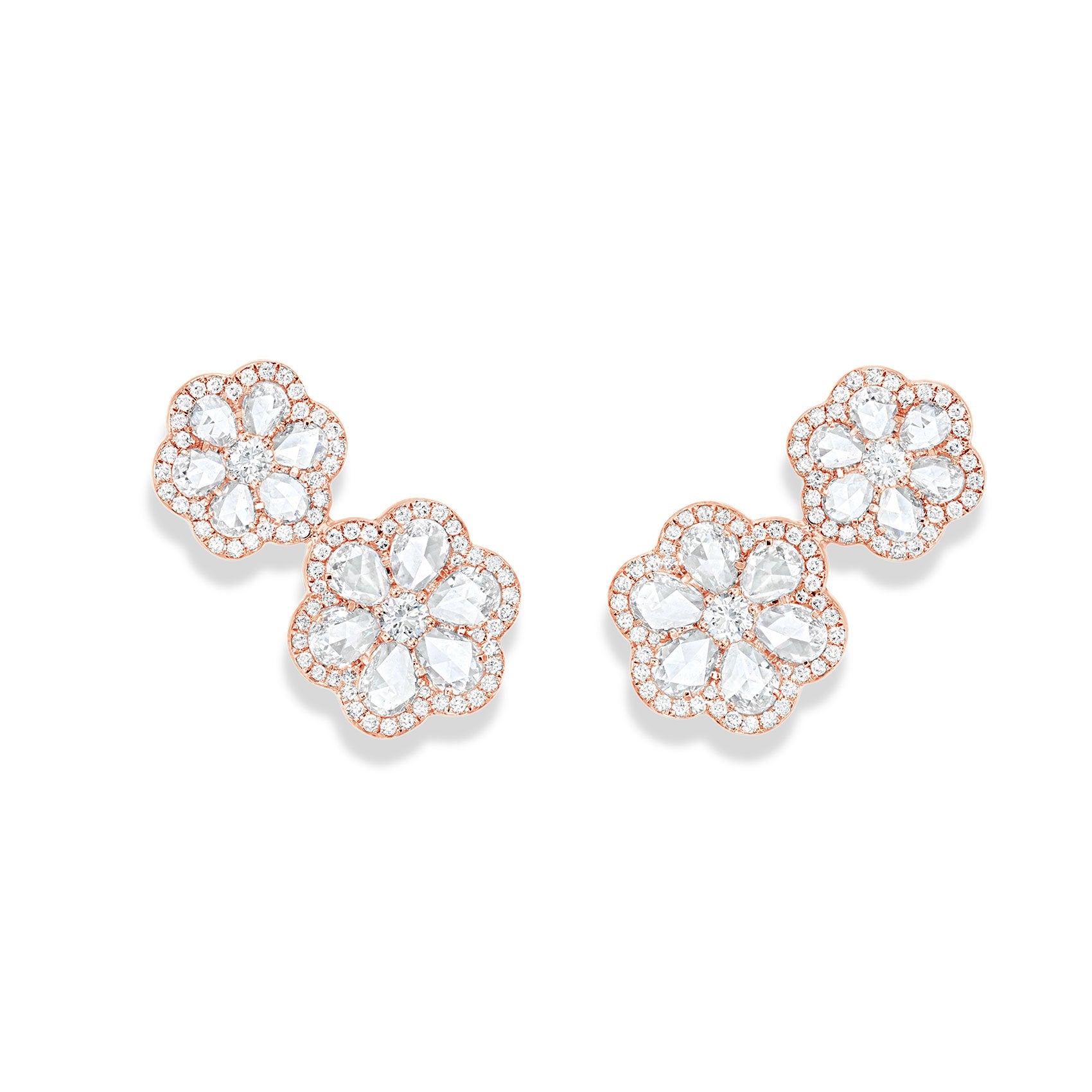 Image of 64facets Diamond Stud Earrings with two diamond flowers made of rose cut diamonds and 18k gold