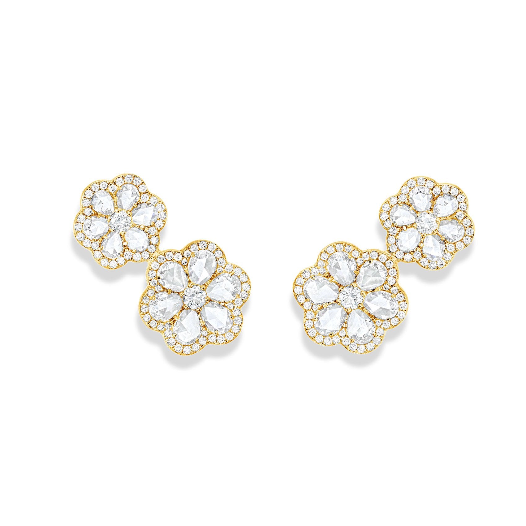 Image of 64facets Diamond Stud Earrings with two diamond flowers made of rose cut diamonds and 18k gold