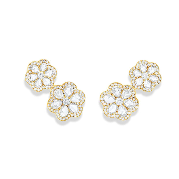 64facets Diamond Stud Earrings with two diamond flowers made of rose cut diamonds and 18k gold