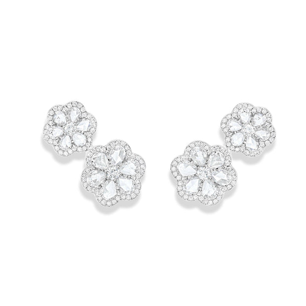64facets Diamond Stud Earrings with two diamond flowers made of rose cut diamonds and 18k gold