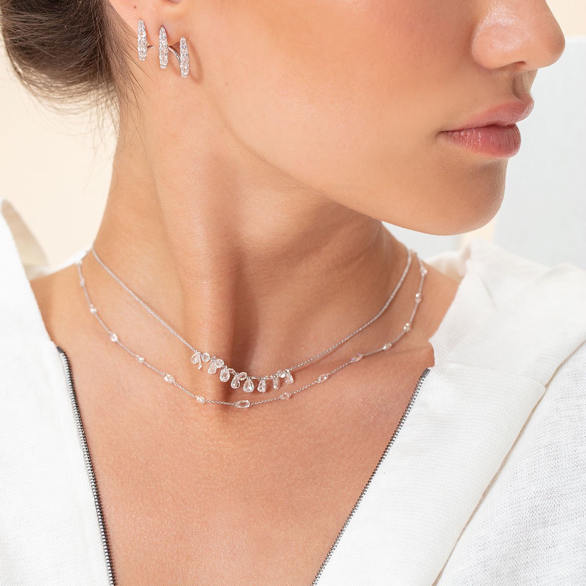Image of 64Facets Rose Cut Diamond Necklaces with a Cluster of diamonds in the center and 18k gold chain