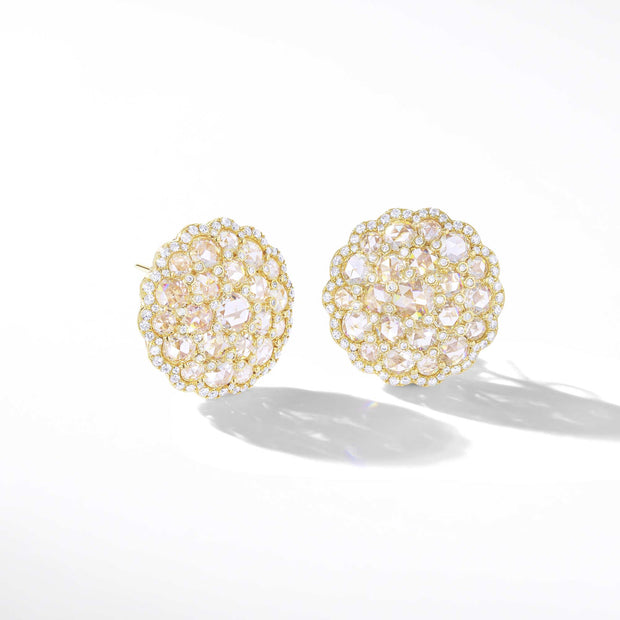 Diamond Cluster Stud Earrings. 64Facets Fine Jewelry. Rose Cut Dimaonds and Brilliant Cut Diamonds. 18K Yellow Gold. 