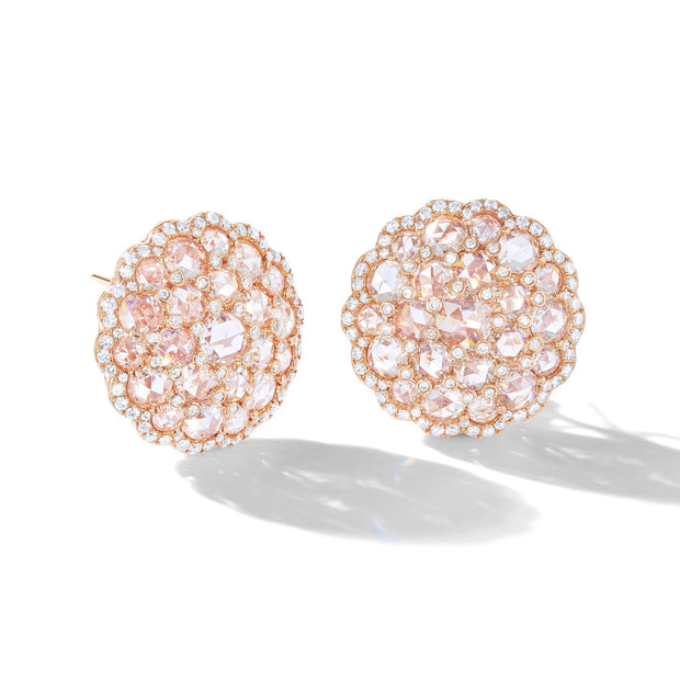 64Facets rose cur diamond large stud earrings with clusters of rose cut diamonds set in 18k rose gold