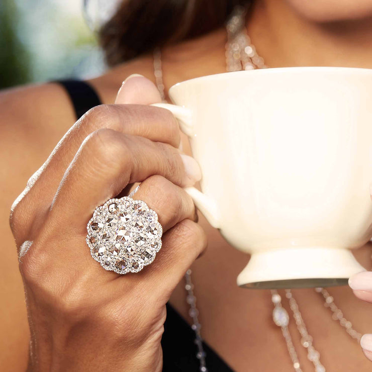 Eclat Shield Diamond Ring on Beautiful Woman. 64Facets Fine Diamond Jewelry. Ethically Sourced Rose Cut Diamonds.