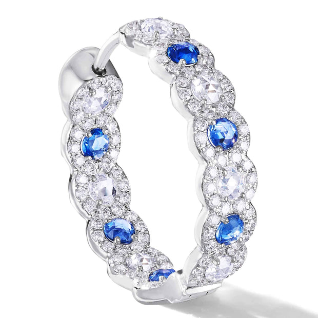 64 facets Elements Rose Cut Sapphire and Diamond Hoop Earrings in Micro Pave setting in 18K Gold