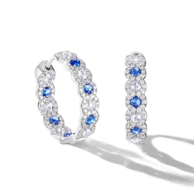 64Facets rose cut sapphire and diamond hoop earrings with pave diamond accents and 18k white gold