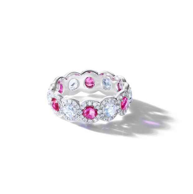 Elements Ring with rose cut rubies and diamond pave accents. 