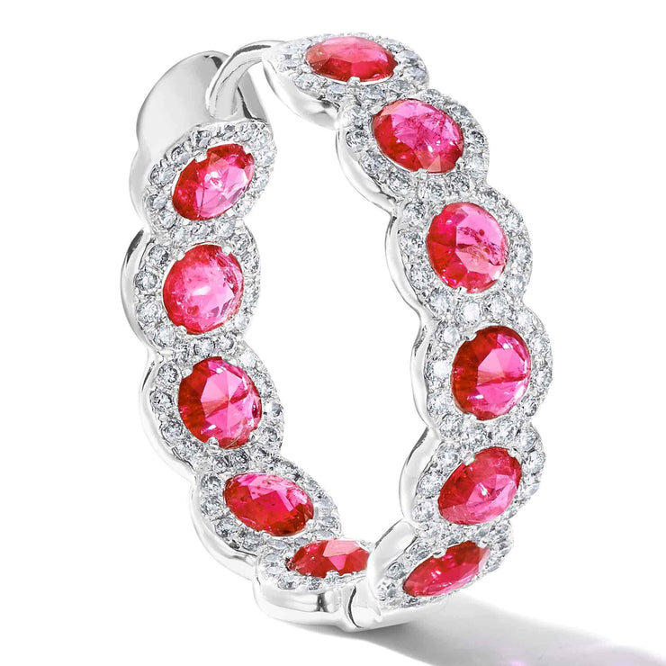 Elements rose cut ruby hoop earrings in micro pave setting in 18K white gold