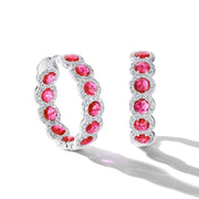 64facets rose cut ruby hoop earrings with diamond pave accents in 18k white gold