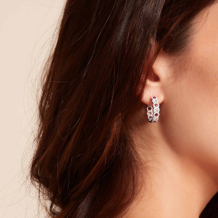 64Facets Elements Rose Cut Ruby and Diamond Hoop Earrings in 18K Gold On Beautiful Model Girl