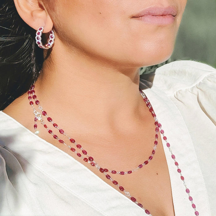 64Facets Elements Mini Hoop earrings with rose-cut rubies gemstones. Rose-cut rubies in micro-pave diamond setting.