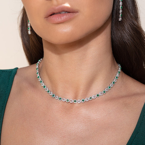 64facets emerald and diamond tennis necklace chocker in white gold