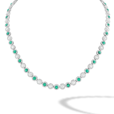 64facets emerald and diamond tennis necklace chocker in white gold