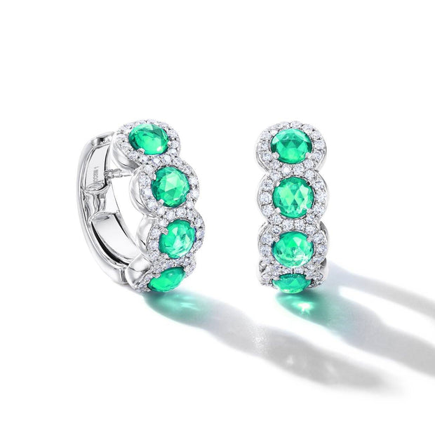 64facets rose cut emerald and diamond huggie earrings set in 18k gold
