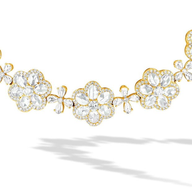 64Facets Floral Diamond Choker Wrap Around Necklace with Flower shapes and rose cut diamonds in 18k gold