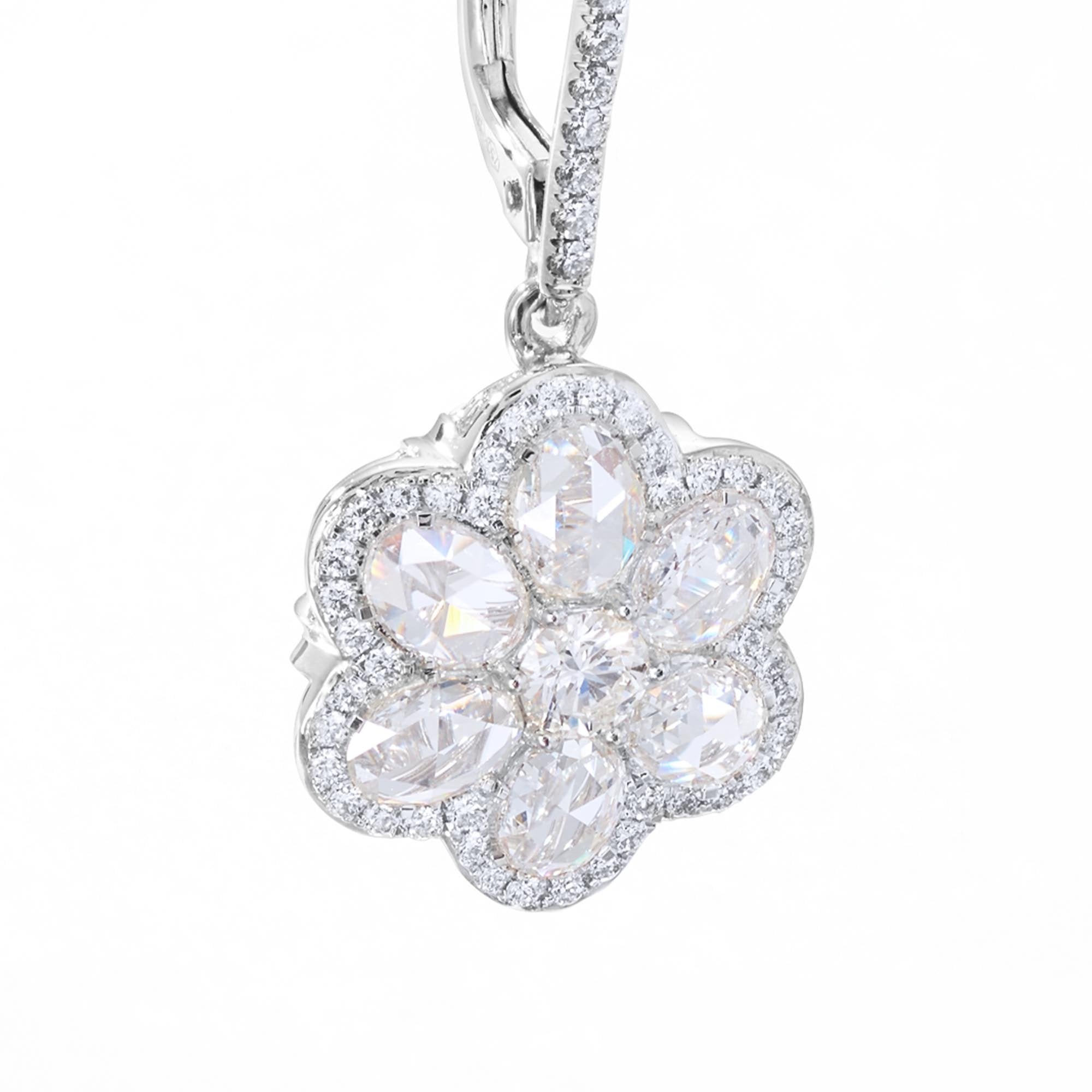 Image of Diamond Floral Earrings. Flower Shaped Diamond Drop Dangly Earrings made with Rose Cut Diamonds in 18K Rose Gold