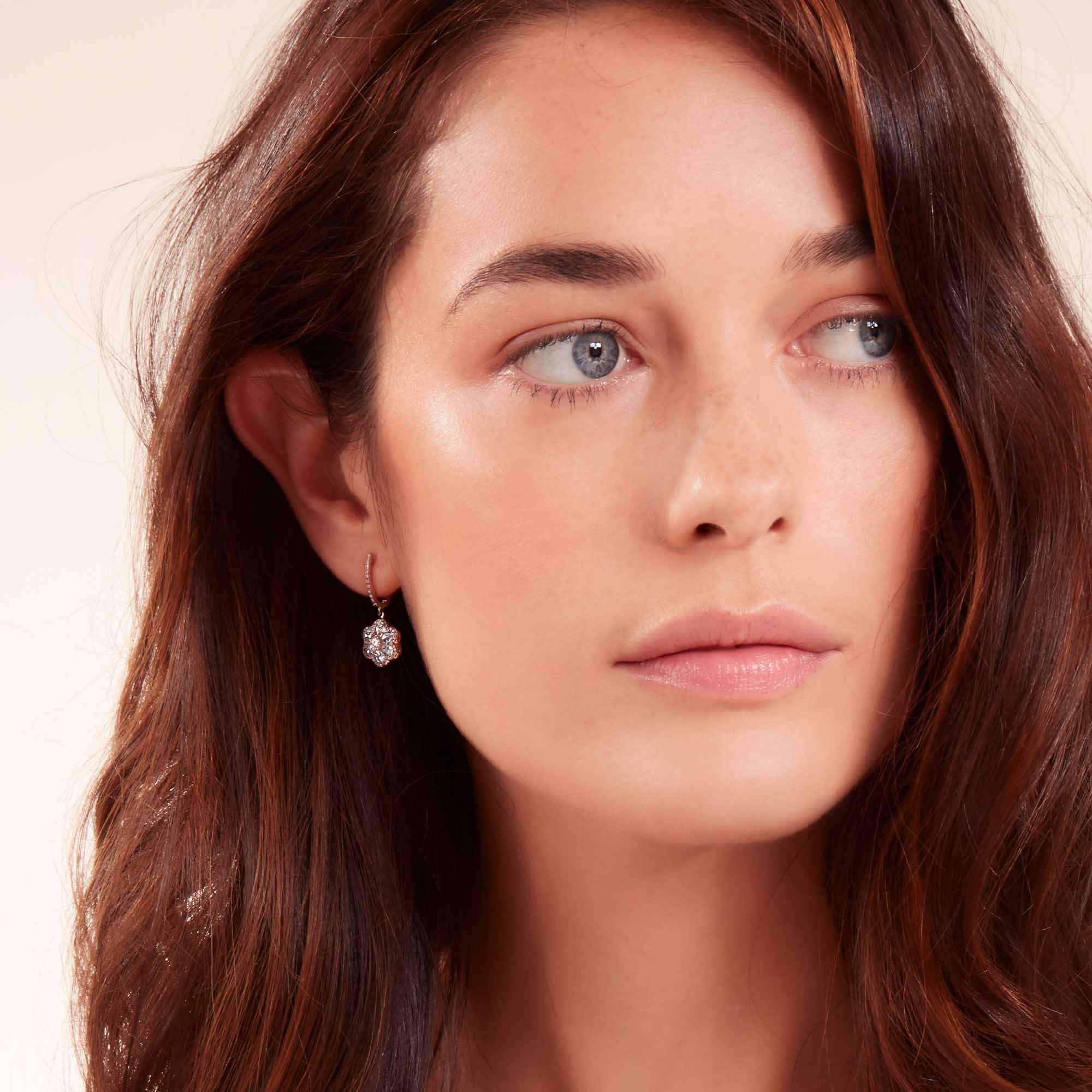 Image of Diamond Floral Earrings. Flower Shaped Diamond Drop Dangly Earrings made with Rose Cut Diamonds in 18K Rose Gold