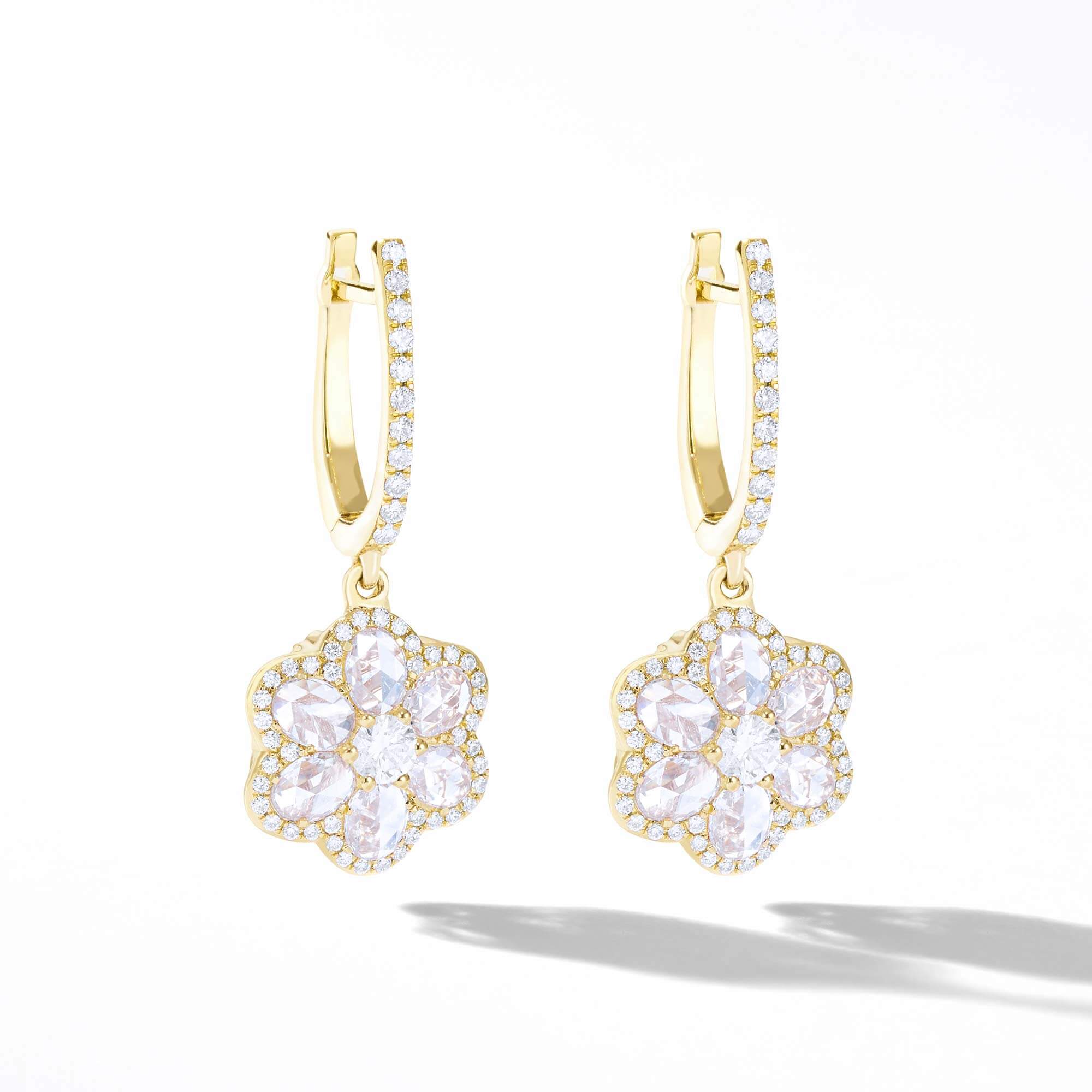 Image of Diamond Floral Earrings. Flower Shaped Diamond Drop Dangly Earrings made with Rose Cut Diamonds in 18K Yellow Gold