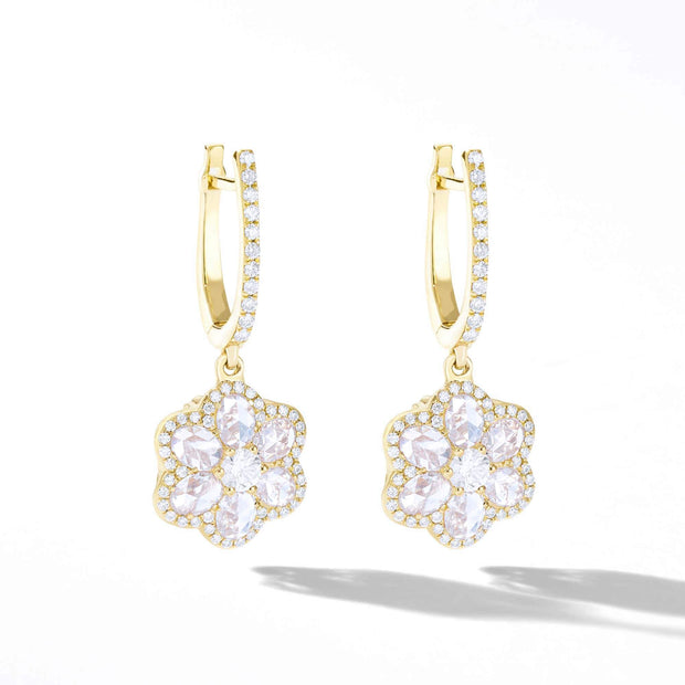 Diamond Floral Earrings. Flower Shaped Diamond Drop Dangly Earrings made with Rose Cut Diamonds in 18K Yellow Gold