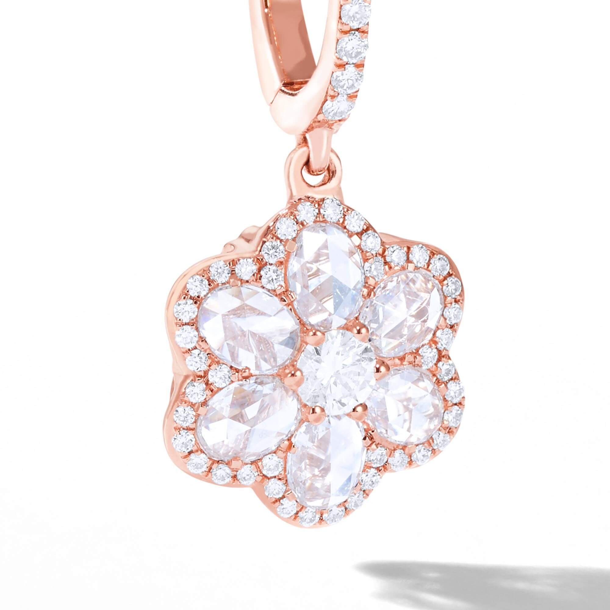 Image of Diamond Floral Earrings. Flower Shaped Diamond Drop Dangly Earrings made with Rose Cut Diamonds in 18K Rose Gold