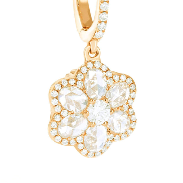 Diamond Floral Earrings. Flower Shaped Diamond Drop Dangly Earrings made with Rose Cut Diamonds in 18K Rose Gold