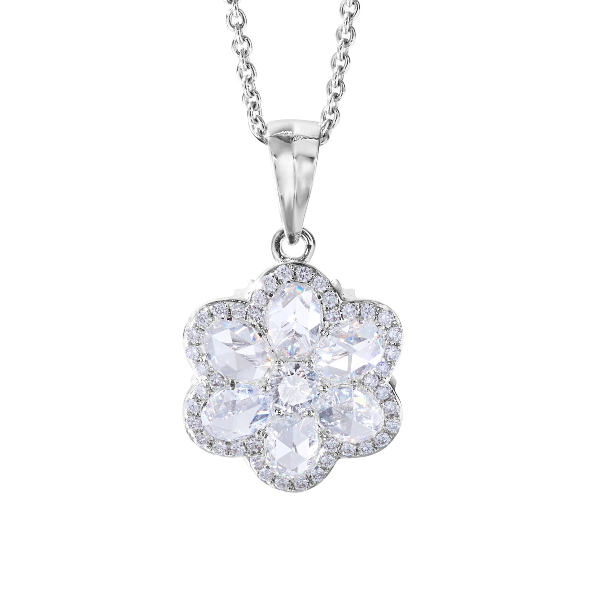Image of 64Facets Floral Diamond Pendant with Seven Rose Cut Diamonds and Pave Accents in 18K White Gold