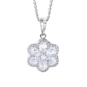 64Facets Floral Diamond Pendant with Seven Rose Cut Diamonds and Pave Accents in 18K White Gold
