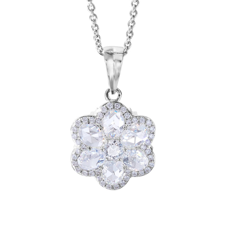 64Facets Floral Diamond Pendant with Seven Rose Cut Diamonds and Pave Accents in 18K White Gold
