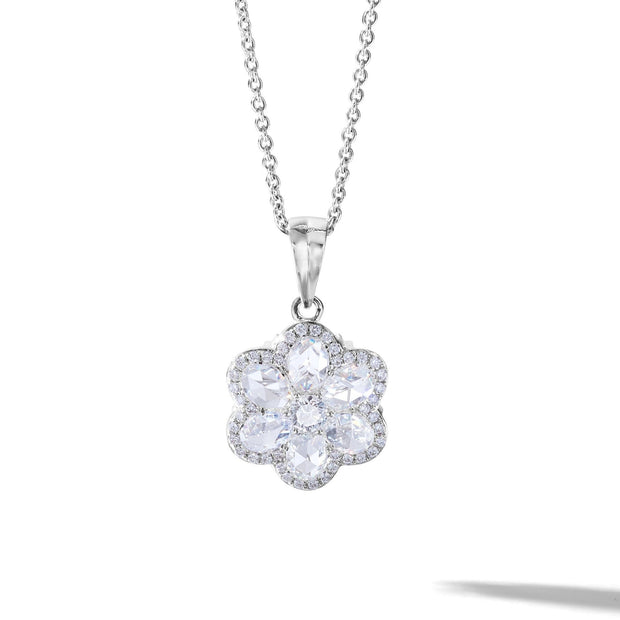 64Facets Diamond Pendant and Gold Chain made with rose-cut diamonds in a flower shape 