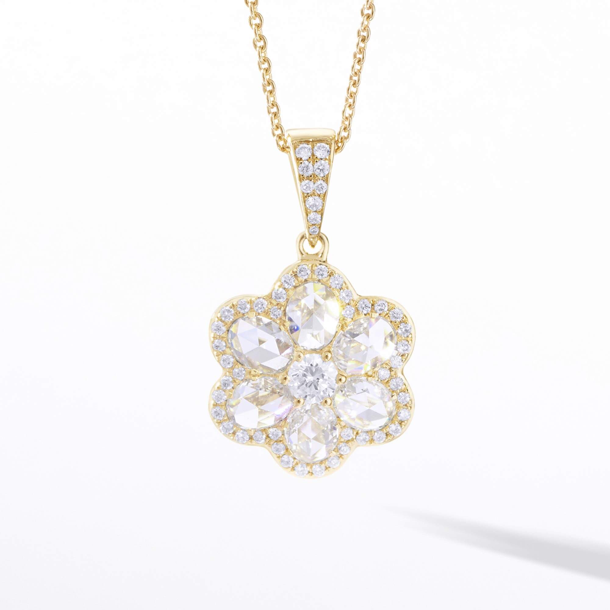 Image of 64Facets Floral Diamond Pendant with Seven Rose Cut Diamonds and Pave Accents in 18K Yellow Gold